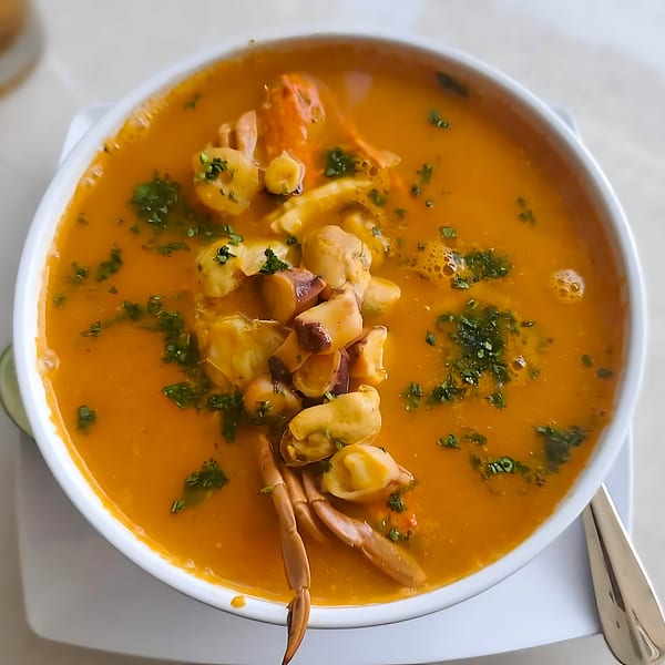 Peruvian seafood soup with shrimp, mussels, and crab claws, garnished with fresh herbs.